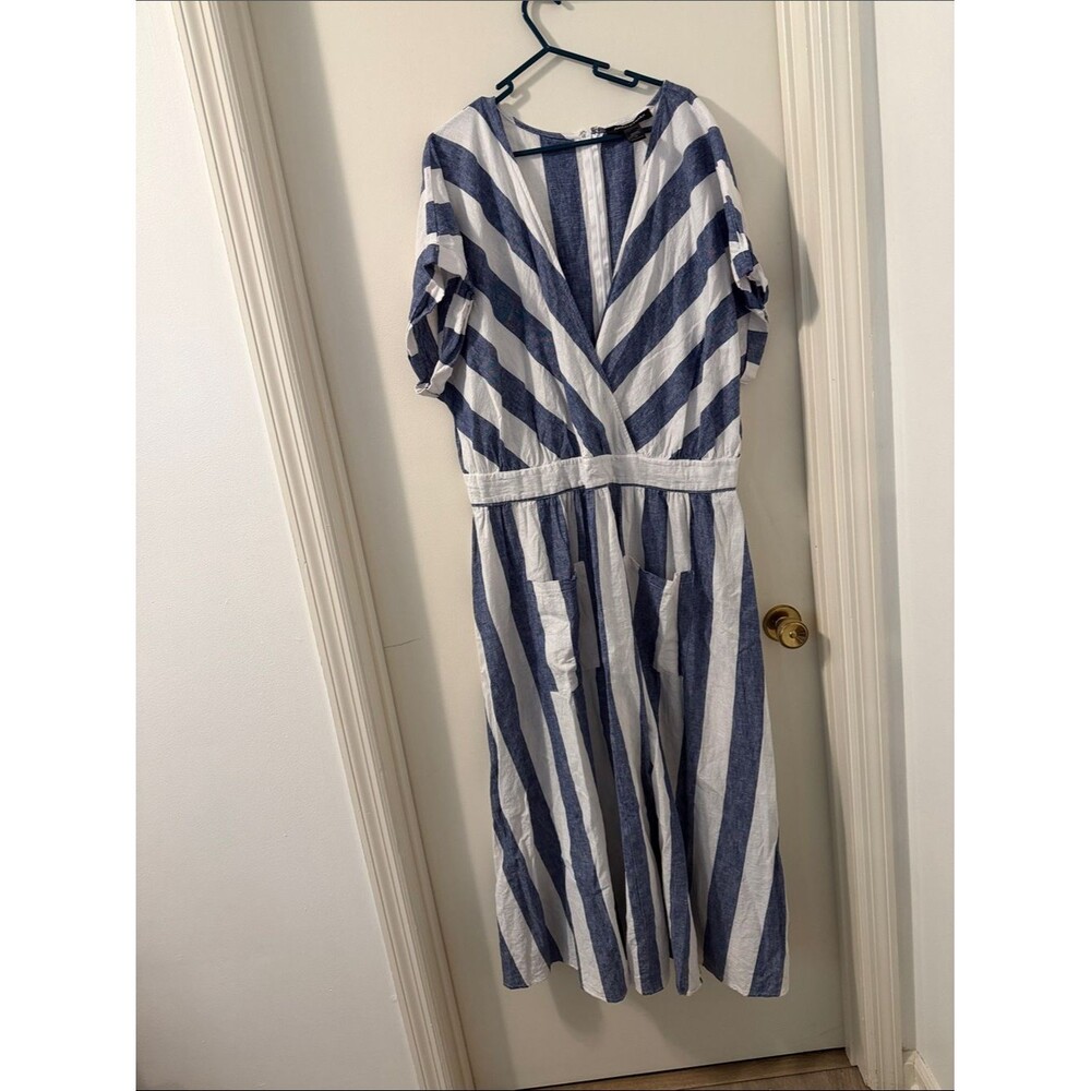 Ashley Stewart Navy and White Striped Linen-Blend maxi Dress Sz 20